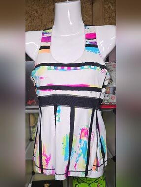 #50 lululemon athletica White Tank Top with Multicolor Stripes & Paint Splashes